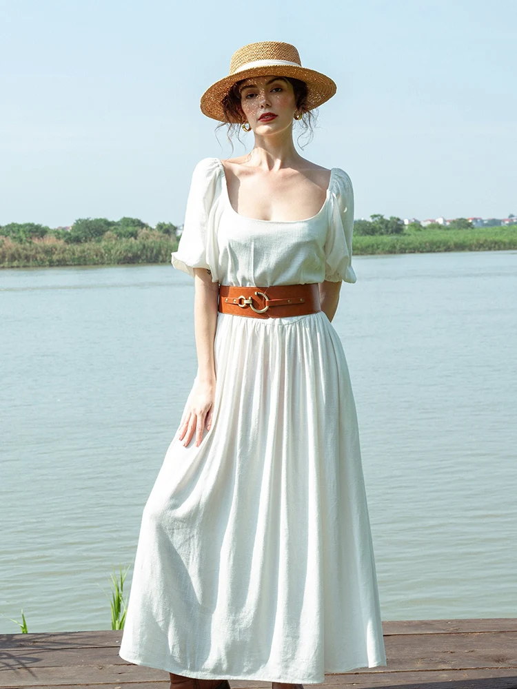 Vestido midi de mezcla de lino y algodón con volantes
