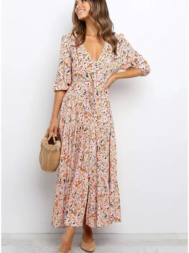 Vestido largo con cuello en V estampado de verano